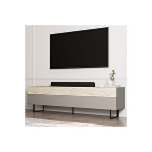 Sign Kapaklı Tv Ünitesi, Tv Sehpası - Metal Ayak - Gri/traverten Gri