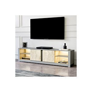 Aydos Işıklı, Cam Raflı Tv Ünitesi Gri/traverten, Kapaklı Tv Sehpası, Ev-ofis Gri