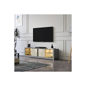 Aydos Işıklı, Cam Raflı Tv Ünitesi Gri/traverten, Kapaklı Tv Sehpası, Ev-ofis Gri