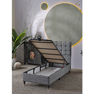 Bengü 90x190 Tek Kişilik (Baza+Başlık+Yatak) 3 Lü Set (Keten Gri)