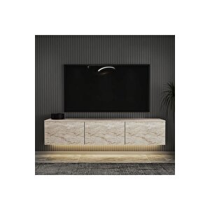 Neon Led Işıklı Duvara Monte,3 Kapaklı Tv Ünitesi,tv Sehpası Traverten