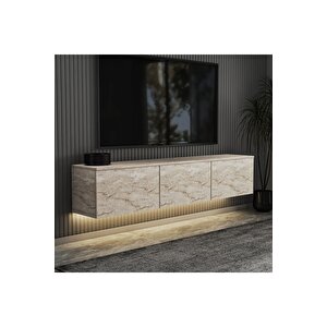 Neon Led Işıklı Duvara Monte,3 Kapaklı Tv Ünitesi,tv Sehpası Traverten