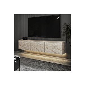 Neon Led Işıklı Duvara Monte,3 Kapaklı Tv Ünitesi,tv Sehpası Traverten