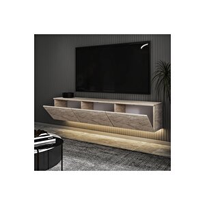 Neon Led Işıklı Duvara Monte,3 Kapaklı Tv Ünitesi,tv Sehpası Traverten