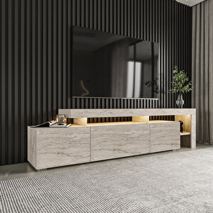 Beliz Modern LED Işıklı 3 Kapaklı, Raflı TV Sehpası – 192 cm, Traverten