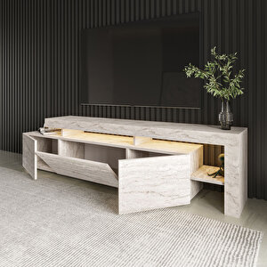 Beliz Modern LED Işıklı 3 Kapaklı, Raflı TV Sehpası – 192 cm, Traverten