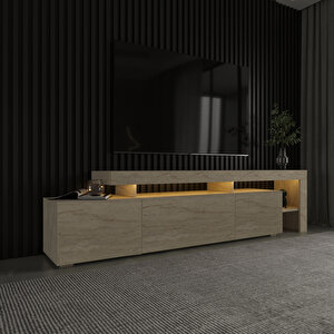 Beliz Modern LED Işıklı 3 Kapaklı, Raflı TV Sehpası – 192 cm, Traverten