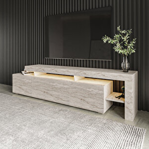 Beliz Modern LED Işıklı 3 Kapaklı, Raflı TV Sehpası – 192 cm, Traverten