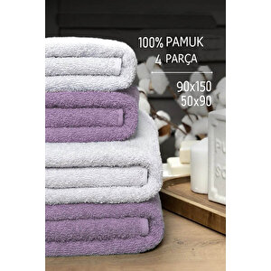 4 Lü Banyo Havlusu Takımı Soft Büyük Havlulu Pamuklu Havlu Seti 90x150 Cm Beyaz Mor