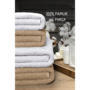 4 Lü Banyo Havlusu Takımı Soft Büyük Havlulu Pamuklu Havlu Seti 90x150 Cm Beyaz Kahve