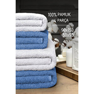 4 Lü Banyo Havlusu Takımı Soft Büyük Havlulu Pamuklu Havlu Seti 90x150 Cm Beyaz Mavi