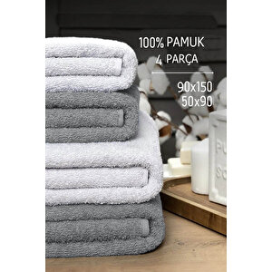 4 Lü Banyo Havlusu Takımı Soft Büyük Havlulu Pamuklu Havlu Seti 90x150 Cm Beyaz Gri