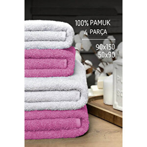 4 Lü Banyo Havlusu Takımı Soft Büyük Havlulu Pamuklu Havlu Seti 90x150 Cm Beyaz Pembe