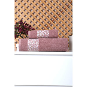 2 Parça Jakarlı Kadın-erkek Banyo Havlu Takımı Leo 90x150 Cm Mürdüm