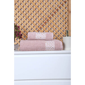 2 Parça Jakarlı Kadın-erkek Banyo Havlu Takımı Leo 90x150 Cm Pudra