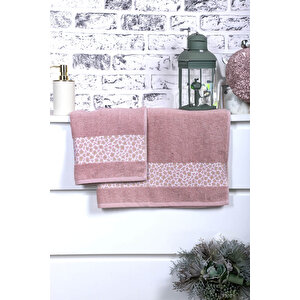 2 Parça Jakarlı Kadın-erkek Banyo Havlu Takımı Leo 90x150 Cm Pudra
