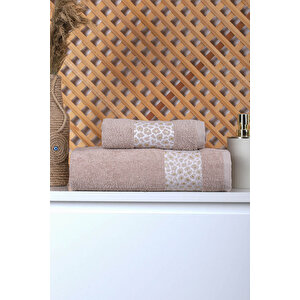 2 Parça Jakarlı Kadın-erkek Banyo Havlu Takımı Leo 90x150 Cm Bej