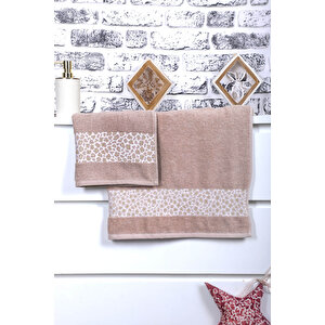 2 Parça Jakarlı Kadın-erkek Banyo Havlu Takımı Leo 90x150 Cm Bej