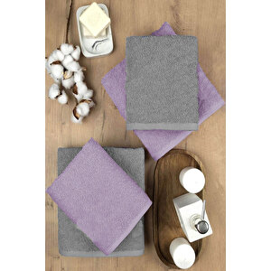 4 Lü Banyo Havlusu Takımı Soft Büyük Havlulu Pamuklu Havlu Seti 90x150 Cm Gri Mor