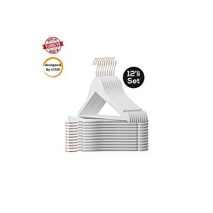 12 Adet - Ahşap Görünümlü Plastik Kıyafet Ve Elbise Askısı Beyaz Designedbygnd