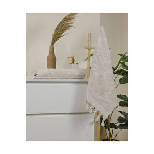 Jakarlı Saçaklı Banyo Havlu Takımı Soft Pamuklu Maria Grace Krem