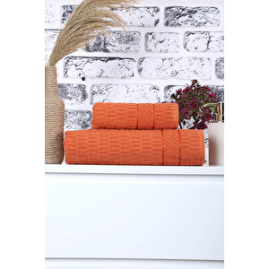 2 Parça Jakarlı Renkli Kadın-erkek Banyo Havlu Takımı 90x150 Cm Turuncu