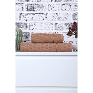 2 Parça Jakarlı Renkli Kadın-erkek Banyo Havlu Takımı 90x150 Cm Kahve