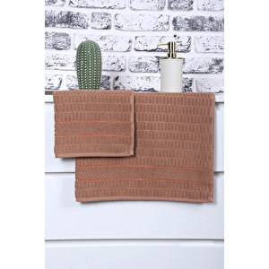 2 Parça Jakarlı Renkli Kadın-erkek Banyo Havlu Takımı 90x150 Cm Kahve