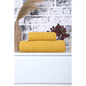 2 Parça Jakarlı Renkli Kadın-erkek Banyo Havlu Takımı 90x150 Cm Sarı