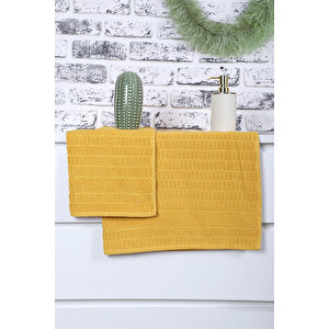 2 Parça Jakarlı Renkli Kadın-erkek Banyo Havlu Takımı 90x150 Cm Sarı