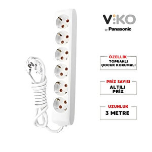 | Altılı Grup Priz, Topraklı - Çocuk Korumalı Çoğaltıcı Priz  Altılı, 3 Metre, Beyaz