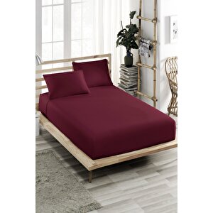 140x200 Cm Çift Kişilik Lastikli Çarşaf Takımı, Kumaş, Pamuklu, Yüksek Yatak Bordo Bordo
