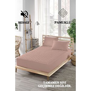 Pudra Renkli Yatak Koruyucu Alez, Çift Kişilik, Pamuklu, Kapitoneli Fitted (150x200)