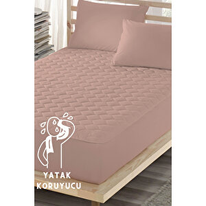 Pudra Renkli Yatak Koruyucu Alez, Tek Kişilik, Pamuklu, Kapitoneli Fitted (100x200)