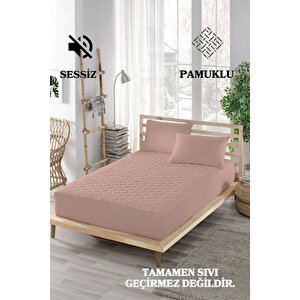 Pudra Renkli Yatak Koruyucu Alez, Çift Kişilik, Pamuklu, Kapitoneli Fitted (140x200) 140x200 cm