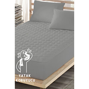 Gri Renkli Yatak Koruyucu Alez, Bir Buçuk Kişilik, Pamuklu, Kapitoneli Fitted (120x200)