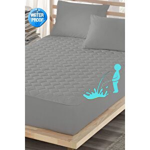 Gri Renkli Sıvı Geçirmez Alez, Battal Boy, Kare Yatak, Pamuklu, Kapitoneli Fitted (200x200) 200x200 cm