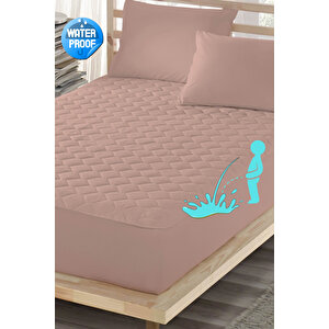 Pudra Renkli Sıvı Geçirmez Alez, Çift Kişilik, Pamuklu, Kapitoneli Fitted (140x200)