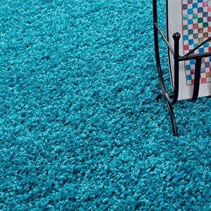 Yuvarlak Shaggy Halı 30 Mm Uzun Ve Yüksek Tüylü Düz Mavi Renkli 120 cm