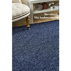 Yuvarlak Shaggy Halı 30 Mm Uzun Ve Yüksek Tüylü Düz Lacivert Renkli 80 cm