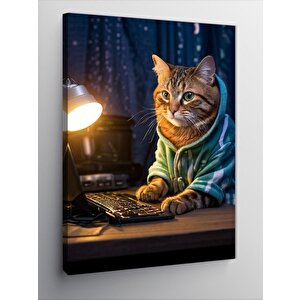 Kanvas Tablo Bilgisayar Kullanan Kedi