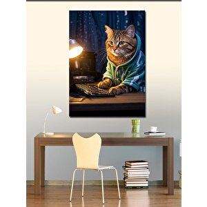 Kanvas Tablo Bilgisayar Kullanan Kedi