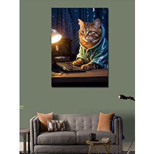 Kanvas Tablo Bilgisayar Kullanan Kedi