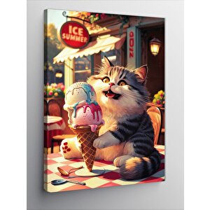 Kanvas Tablo Dondurma Yiyen Kedi 100x140 cm