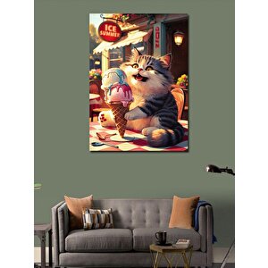 Kanvas Tablo Dondurma Yiyen Kedi 100x140 cm