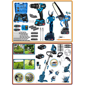 Plus Baretta 4 Lü Bahçe Seti Ergonomic Bağ Budama Dal Makası + Zincirli Budama Testeresi + Darbeli Matkap 13 Mm  +  Akülü Tırpan