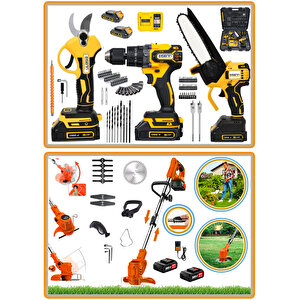 Plus Gtx Ergonomic 4 Lü Bahçe Seti  Bağ Budama Dal Makası + Zincirli Budama Testeresi + Darbeli Matkap 13 Mm  +  Akülü Tırpan