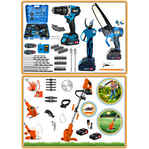 Plus Styller 4 Lü Bahçe Seti Ergonomic Bağ Budama Dal Makası + Zincirli Budama Testeresi + Darbeli Matkap 13 Mm  +  Akülü Tırpan