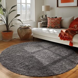 Yuvarlak Shaggy Halı 30 Mm Uzun Ve Yüksek Tüylü Düz Koyu Gri Rengi 200 cm