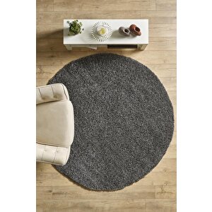 Yuvarlak Shaggy Halı 30 Mm Uzun Ve Yüksek Tüylü Düz Koyu Gri Rengi 120 cm